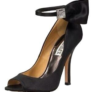Badgley Mischka Open Toe Dress Heels with Satin & Rhinestone Bow Ankle Strap EUC